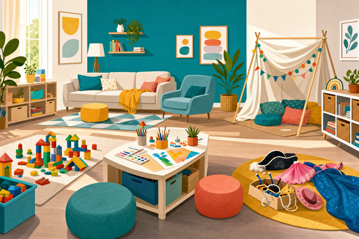 Bright modern living room with multiple activity stations including building blocks, art supplies, blanket fort, and dress-up items arranged for indoor sibling play