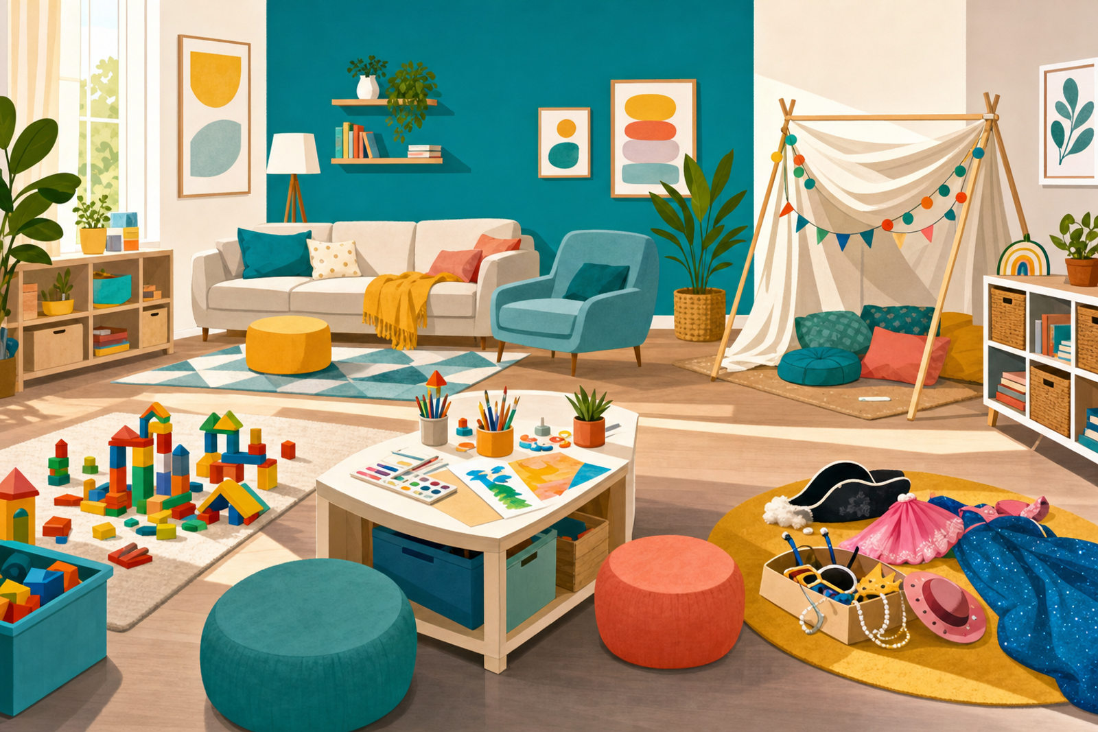 Bright modern living room with multiple activity stations including building blocks, art supplies, blanket fort, and dress-up items arranged for indoor sibling play