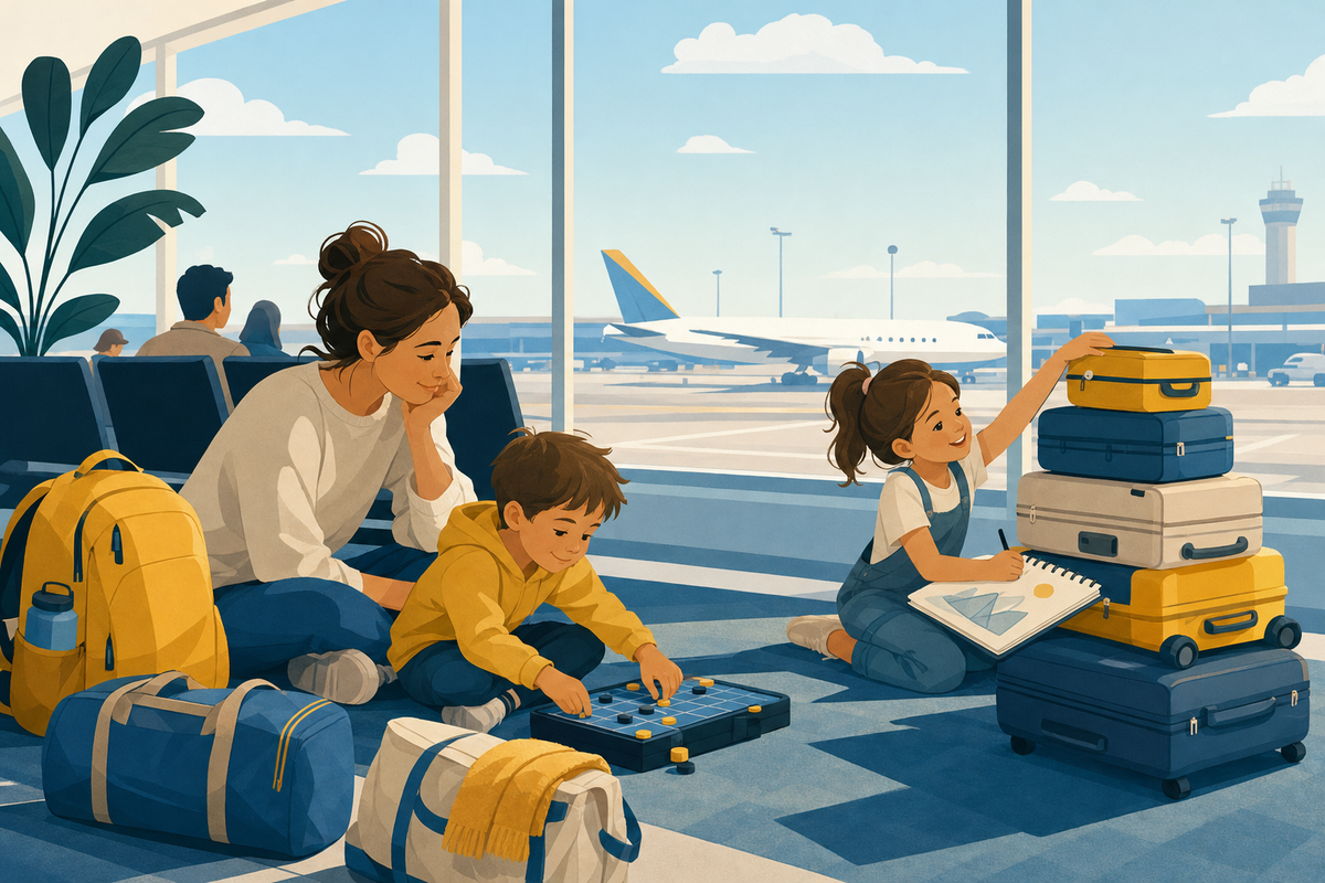 Flat illustration of a parent and two young children enjoying screen-free activities together in an airport waiting area during a flight delay.