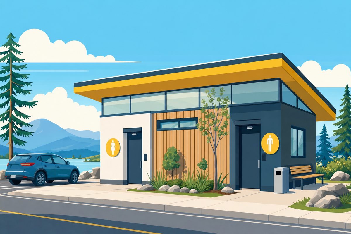 Modern illustration of a rest stop building with a car parked outside under a bright blue sky