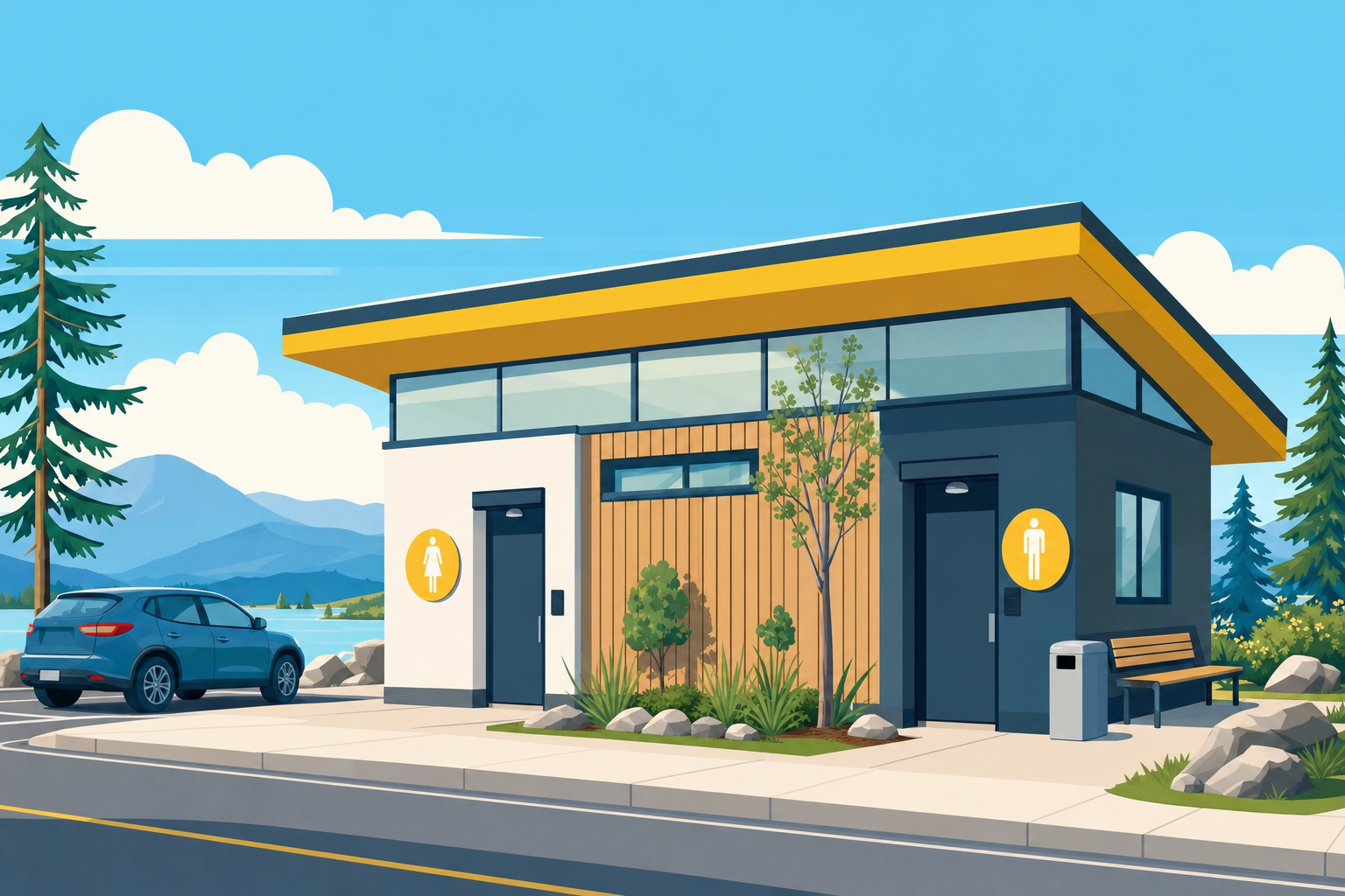 Modern illustration of a rest stop building with a car parked outside under a bright blue sky