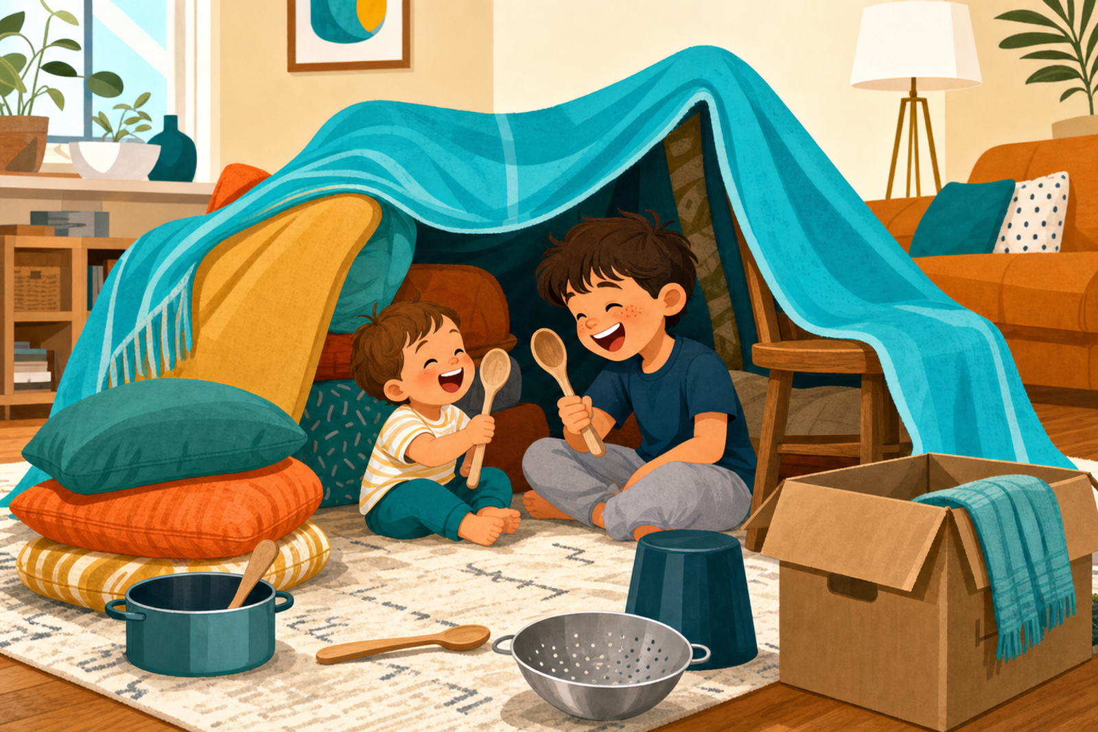 Flat illustration of two siblings, a toddler and an older child, building a blanket fort together in a living room, representing screen-free indoor sibling play.