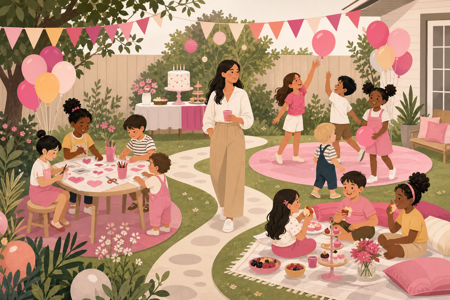 Flat illustration of a backyard birthday party with multiple activity stations and children of different ages, while one parent calmly oversees the celebration.