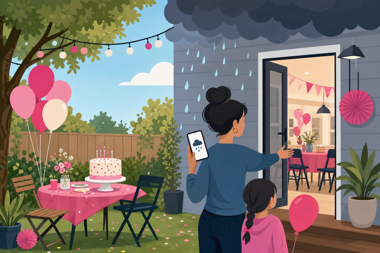 Flat illustration of a birthday party scene split between sunny outdoor decorations and an approaching rain cloud, symbolizing the decision to move a kids' party indoors.