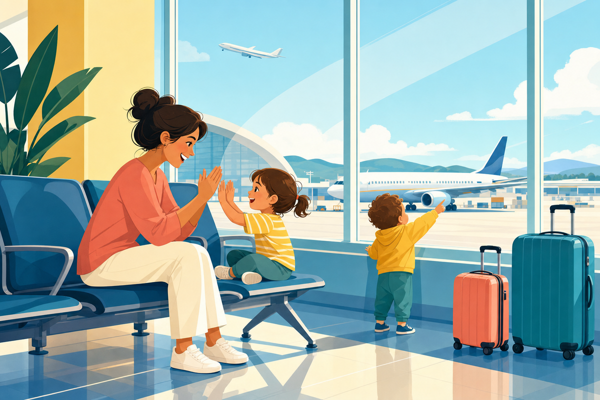 Flat illustration of a parent and young child playing a hand-clapping game at a sunny airport gate, with another toddler watching planes through the window, representing screen-free ways to keep kids entertained while traveling.