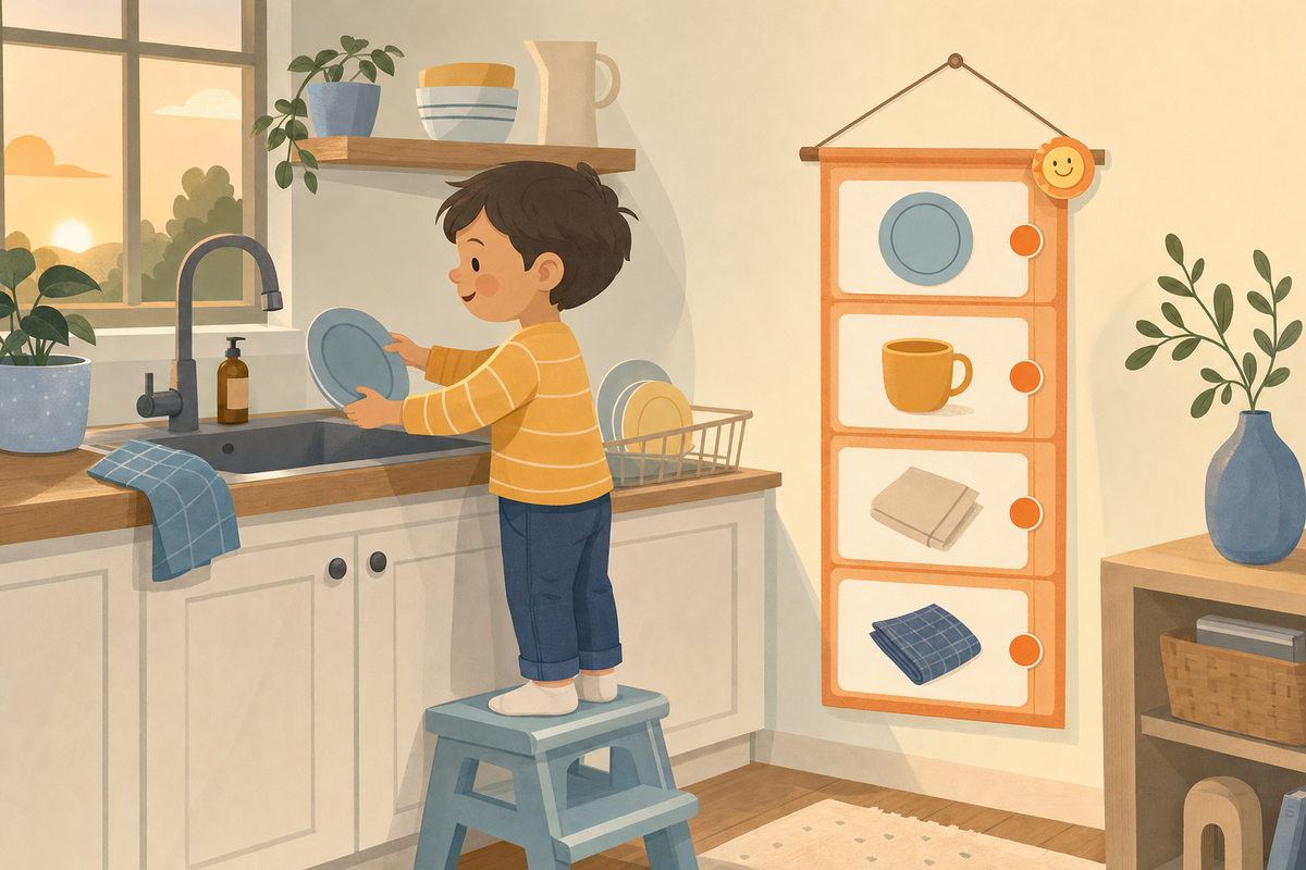 Flat illustration of a young child placing dishes in the sink next to a colorful visual routine chart for after-dinner cleanup.