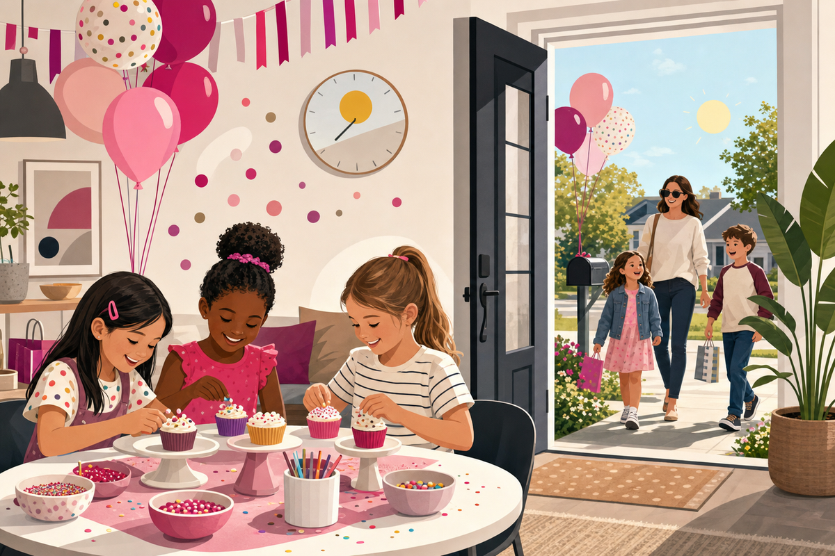 Flat illustration of kids engaged in an activity at a birthday party while more guests arrive at the door, representing a staggered arrival party plan.