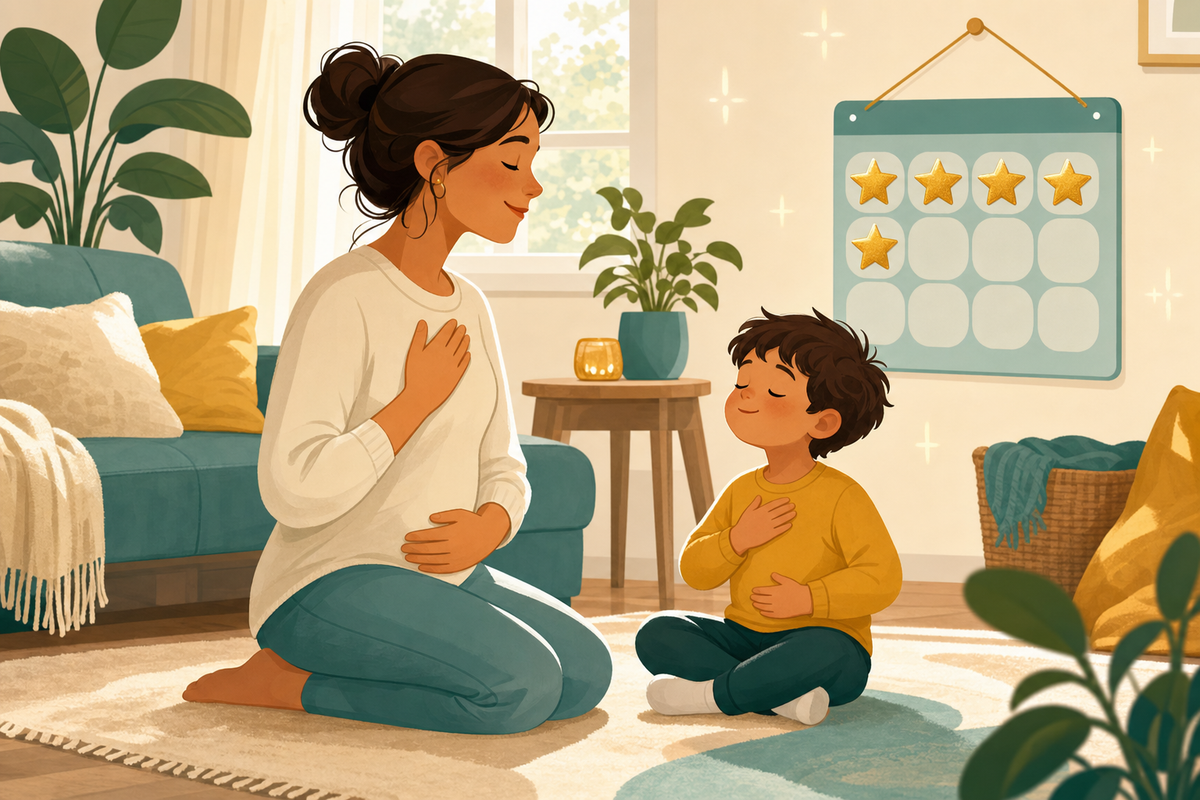 Illustration of a parent calmly connecting with a young child in a cozy room, with a gold-starred sticker chart on the wall representing positive behavior support for tantrums