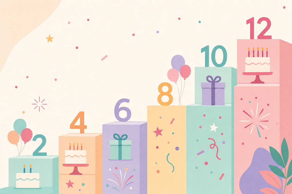 Illustrated timeline showing ascending age markers from 2 to 12 with party planning icons like balloons, cakes, and gifts at each stage