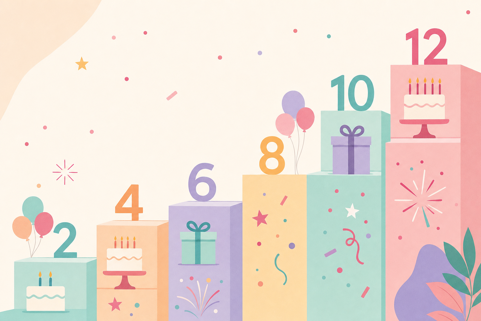 Illustrated timeline showing ascending age markers from 2 to 12 with party planning icons like balloons, cakes, and gifts at each stage