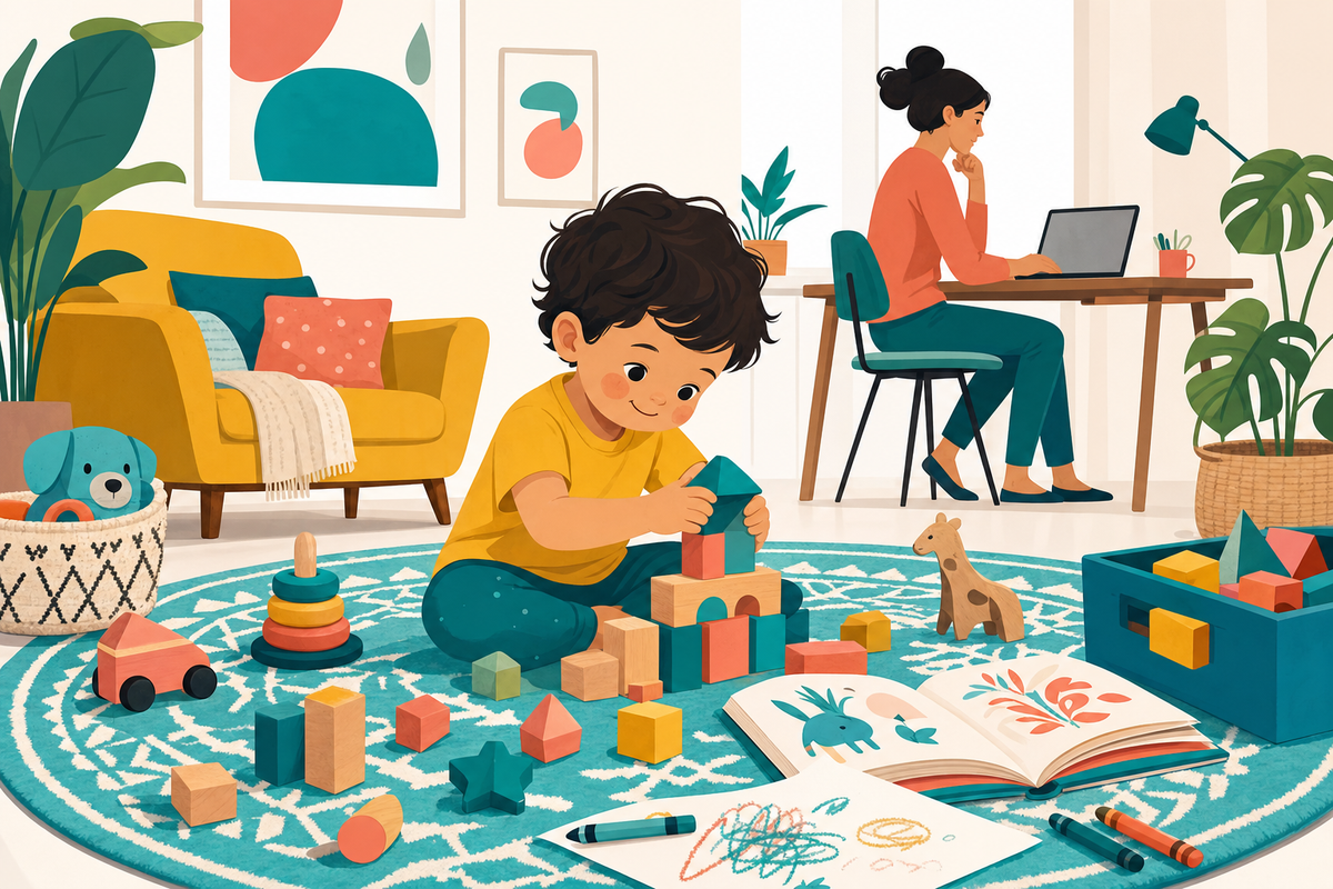 Flat illustration of a toddler happily playing with blocks and toys on a rug while a parent works quietly on a laptop in the background, representing screen-free indoor activities for a 3-year-old.