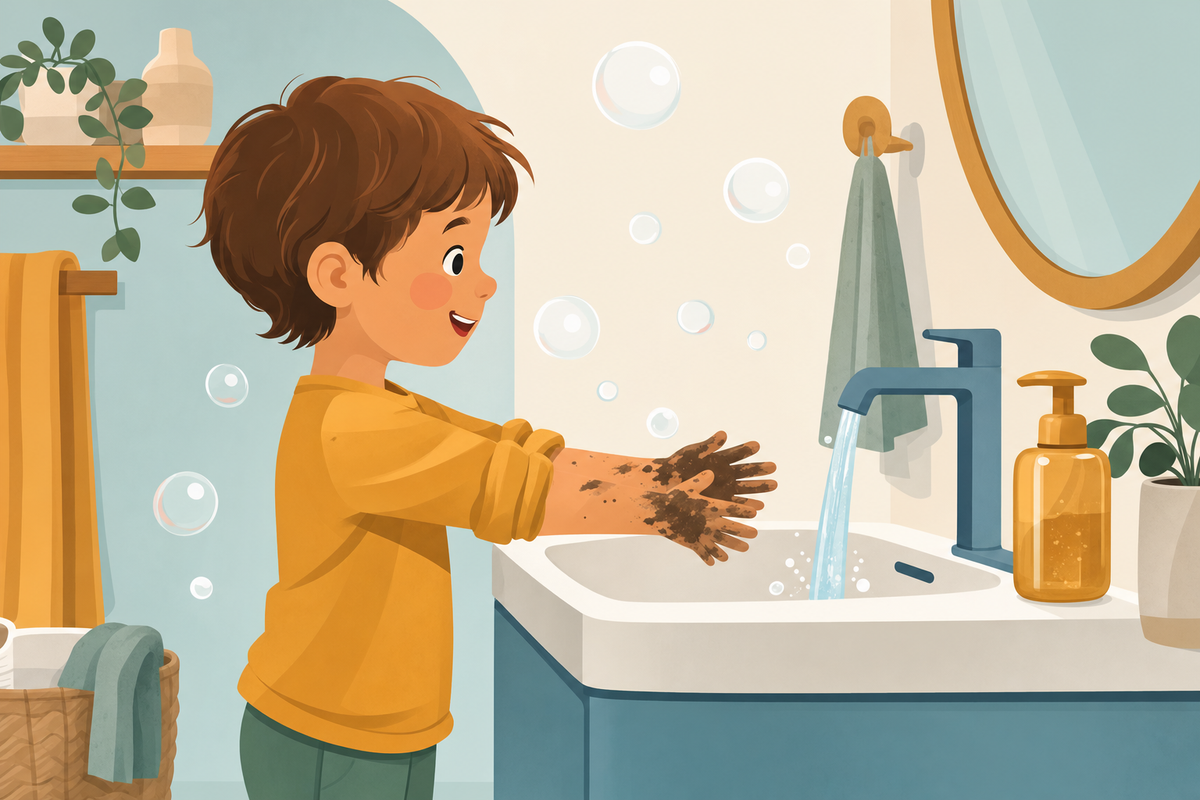 Illustration of a child washing hands at sink with soap bubbles, representing hand washing routine after outdoor play