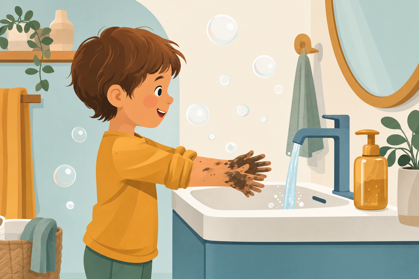 Illustration of a child washing hands at sink with soap bubbles, representing hand washing routine after outdoor play