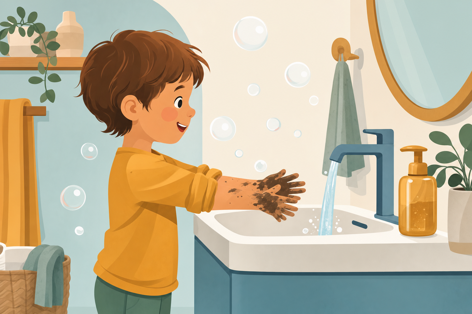 Illustration of a child washing hands at sink with soap bubbles, representing hand washing routine after outdoor play