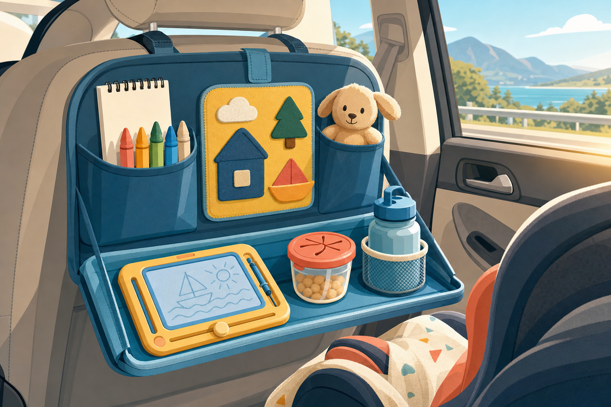 Flat illustration of a car back-seat organizer filled with screen-free travel activities like crayons, a doodle board, felt shapes, and snacks for a toddler and young child on a road trip.