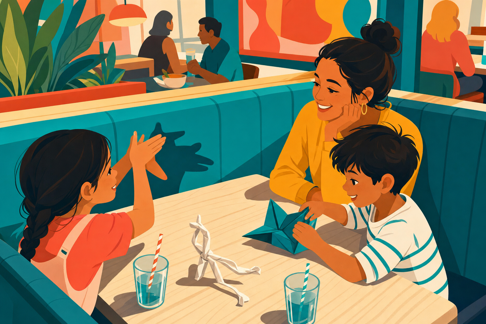 Flat illustration of a parent and two kids playing hand games and folding napkins at a restaurant table while waiting for food, without screens or coloring books.