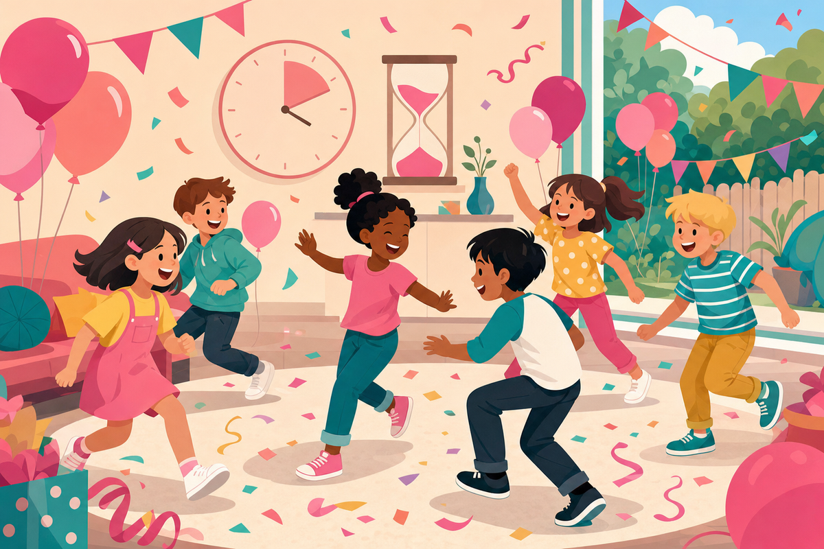 Flat illustration of children playing a spontaneous backup game at a birthday party, with balloons, confetti, and a subtle clock motif representing twenty extra minutes of fun.