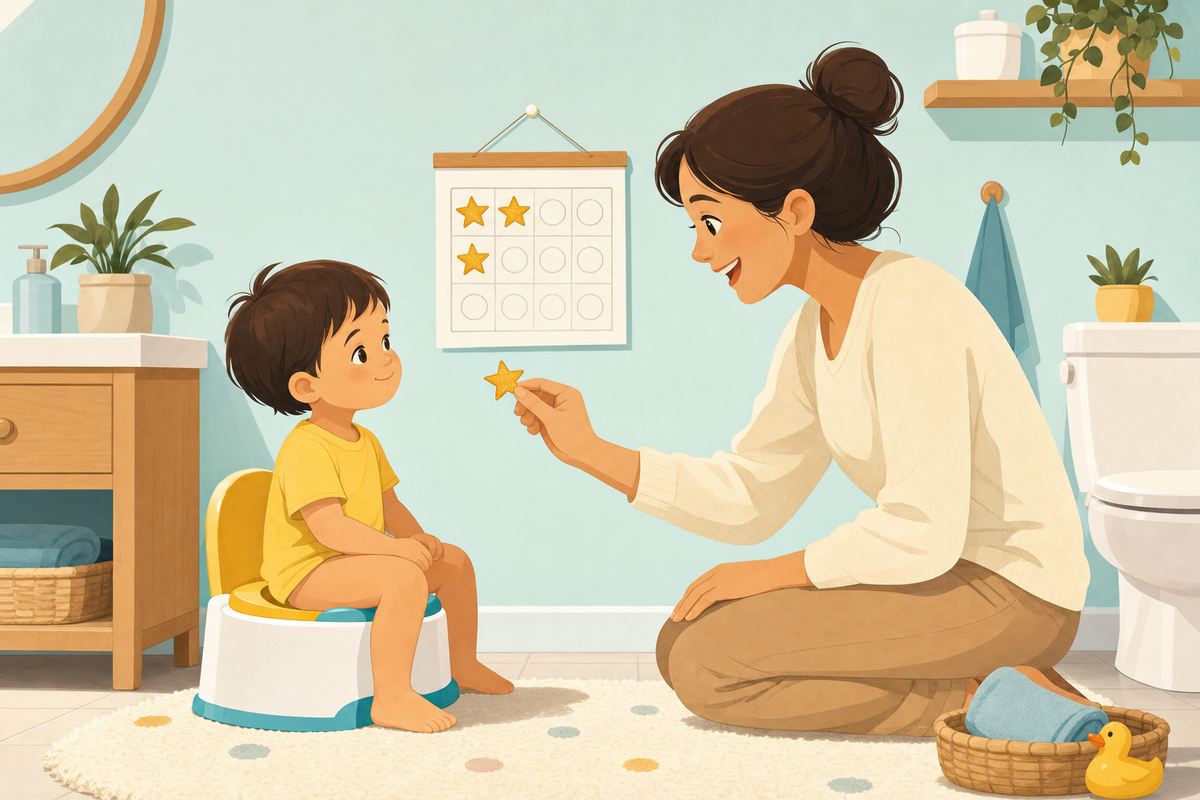 Flat illustration of a toddler calmly sitting on a potty while a parent offers a gold star sticker, with a printable potty training sticker chart on the bathroom wall.