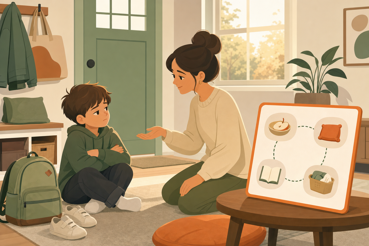 Flat illustration of a parent calmly sitting with a resistant child near a flexible after-school routine chart showing snack, decompression, homework, and chore icons connected by a loose path.