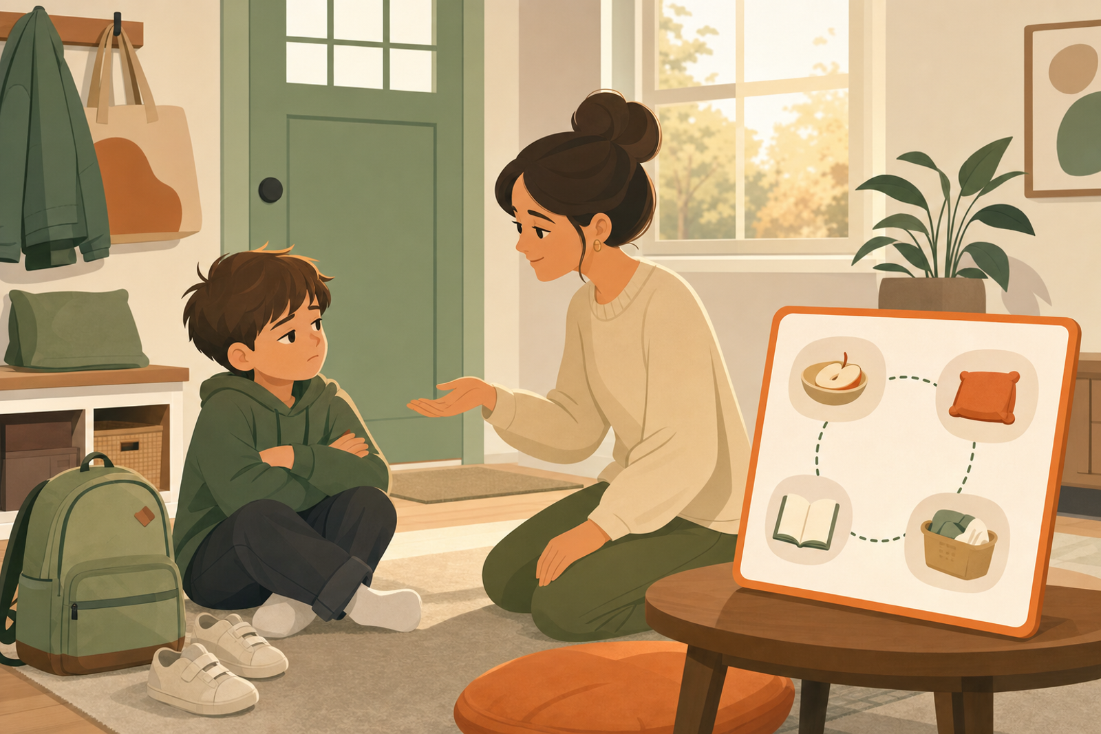 Flat illustration of a parent calmly sitting with a resistant child near a flexible after-school routine chart showing snack, decompression, homework, and chore icons connected by a loose path.