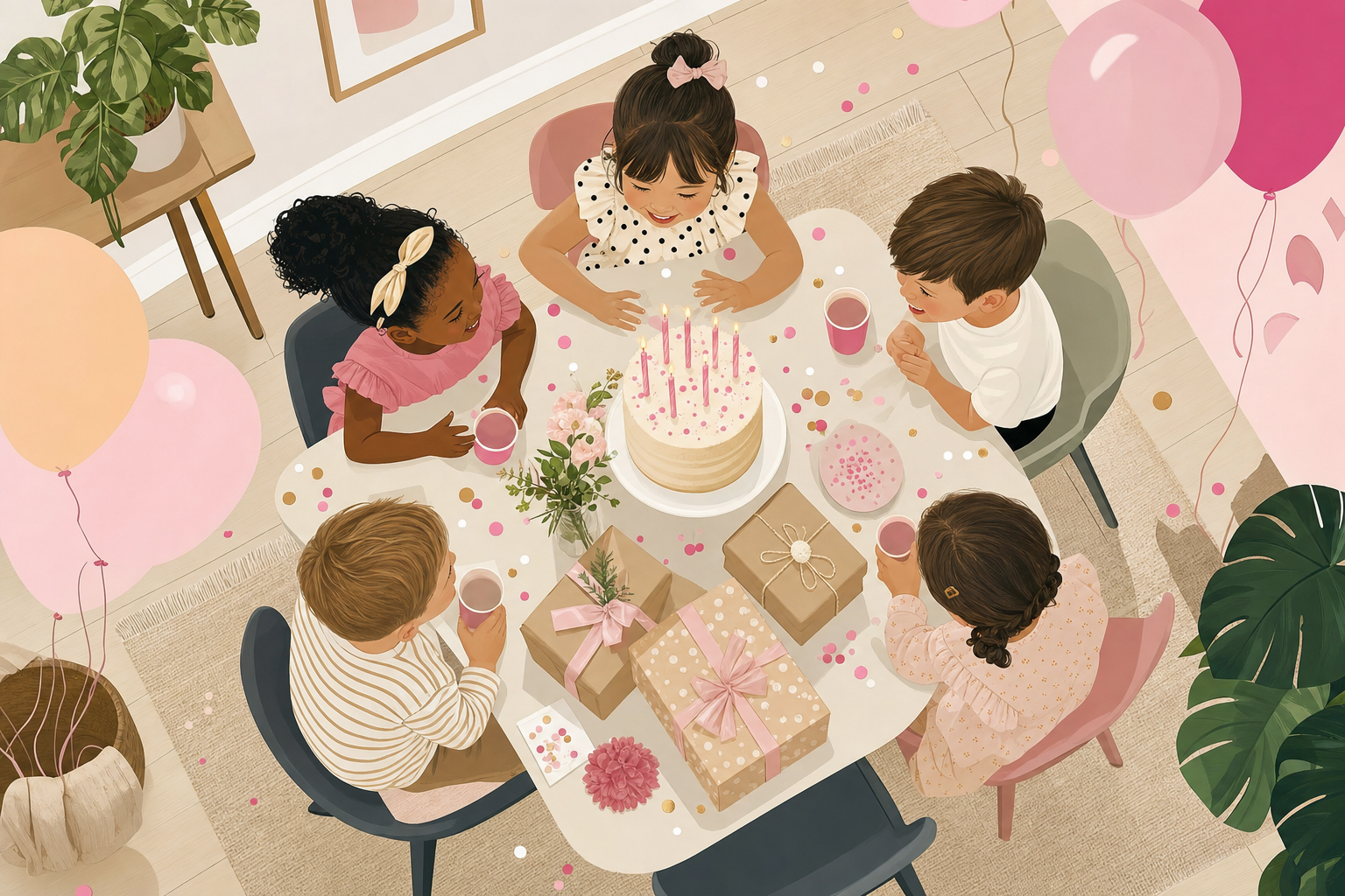 Illustration of a small, intimate birthday party with a few children gathered around a decorated table with cake and balloons in a cozy home setting