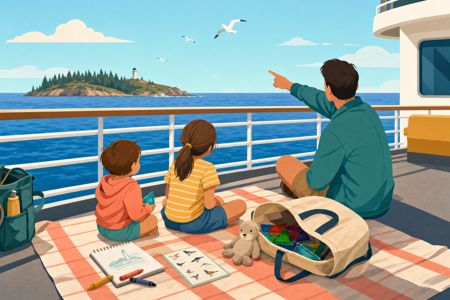 Flat illustration of two children playing with screen-free activities like drawing and travel games on a ferry deck while a parent points toward the sea, in a calm road-trip color palette.
