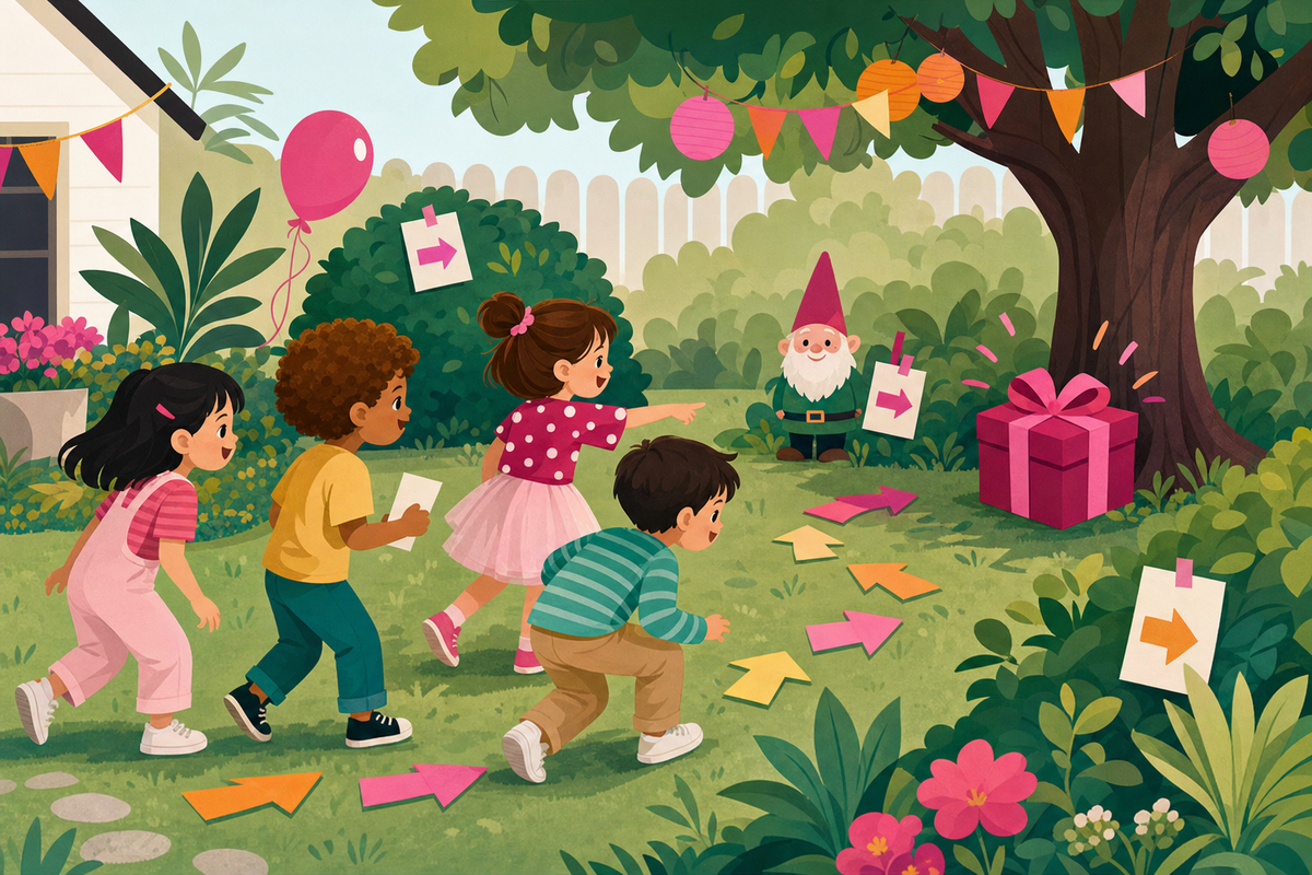 Flat illustration of children following a colorful clue trail during a backyard birthday scavenger hunt.