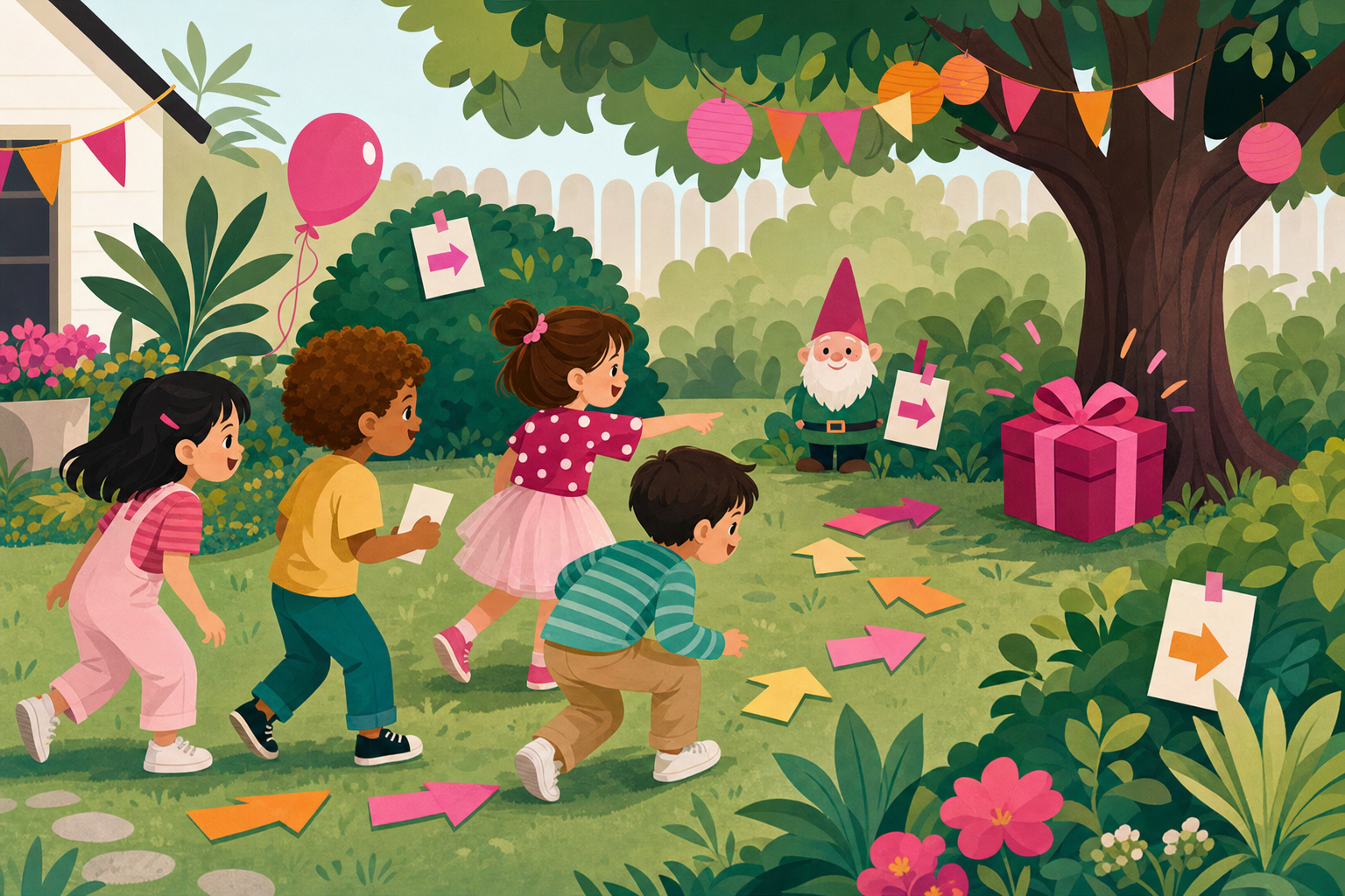 Flat illustration of children following a colorful clue trail during a backyard birthday scavenger hunt.