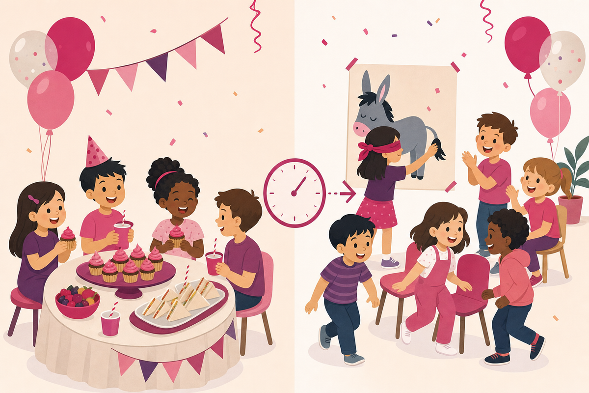Flat illustration showing a kids' birthday party split between a food table and a game area, representing the choice of serving food before or after games.