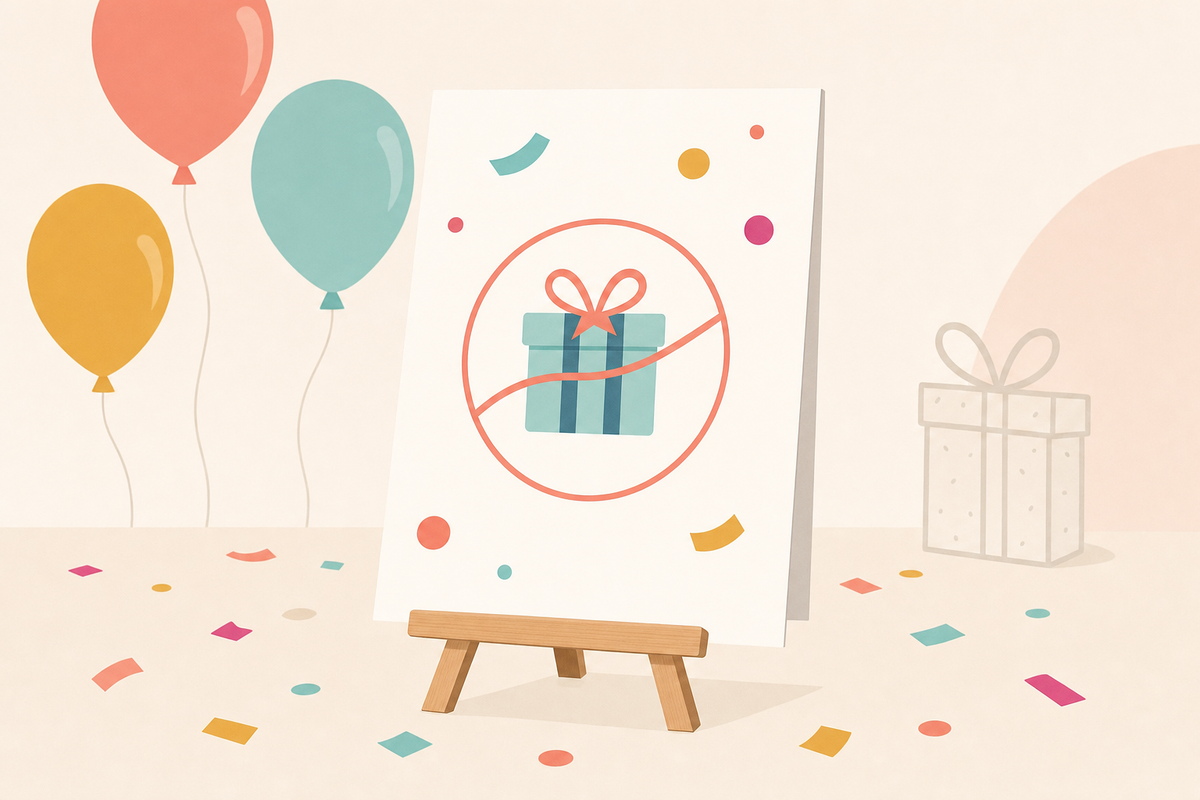 Flat illustration of a birthday invitation with a no-gifts symbol, surrounded by confetti and balloons, representing etiquette for no-gift party invites.