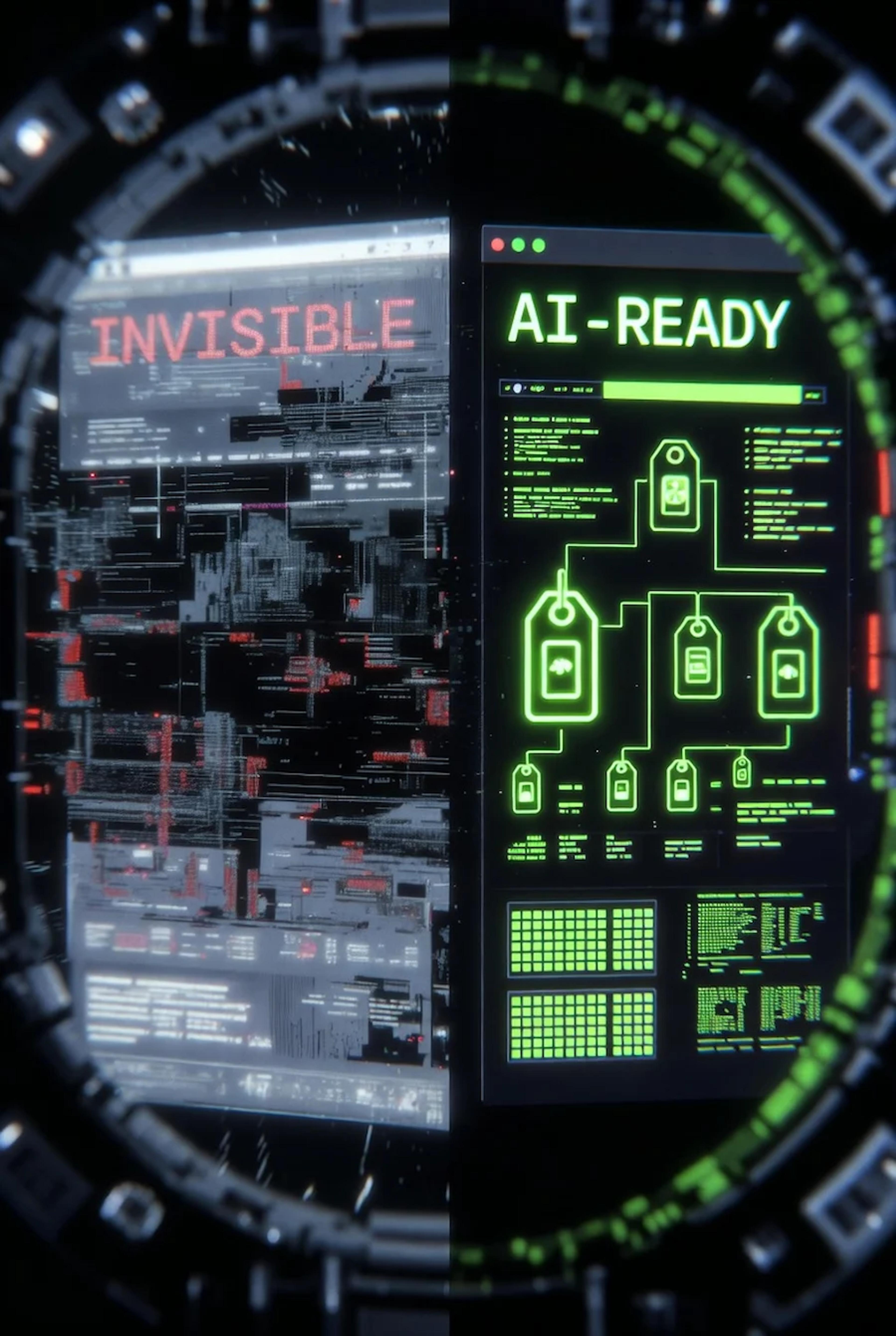 مقایسه دید ربات هوش مصنوعی: سمت چپ سایت مبهم و نامرئی (بدون اسکیما)، سمت راست سایت شفاف با برچسب‌های داده‌ای نئونی (با اسکیما).