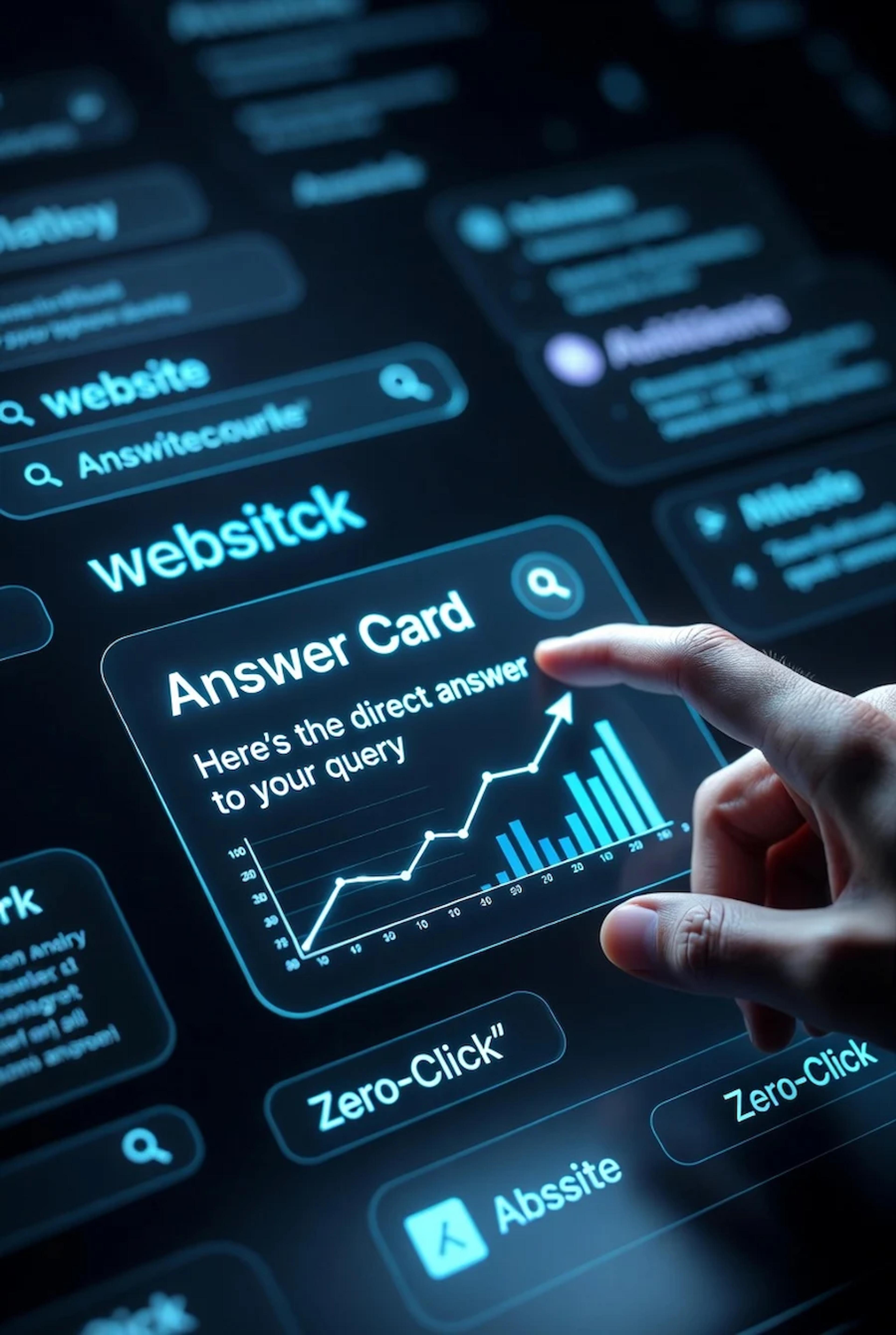  رابط کاربری جستجوی هوشمند که پاسخ را مستقیماً به کاربر نشان می‌دهد، در حالی که لینک‌های وب‌سایت‌ها در پس‌زمینه محو شده‌اند.