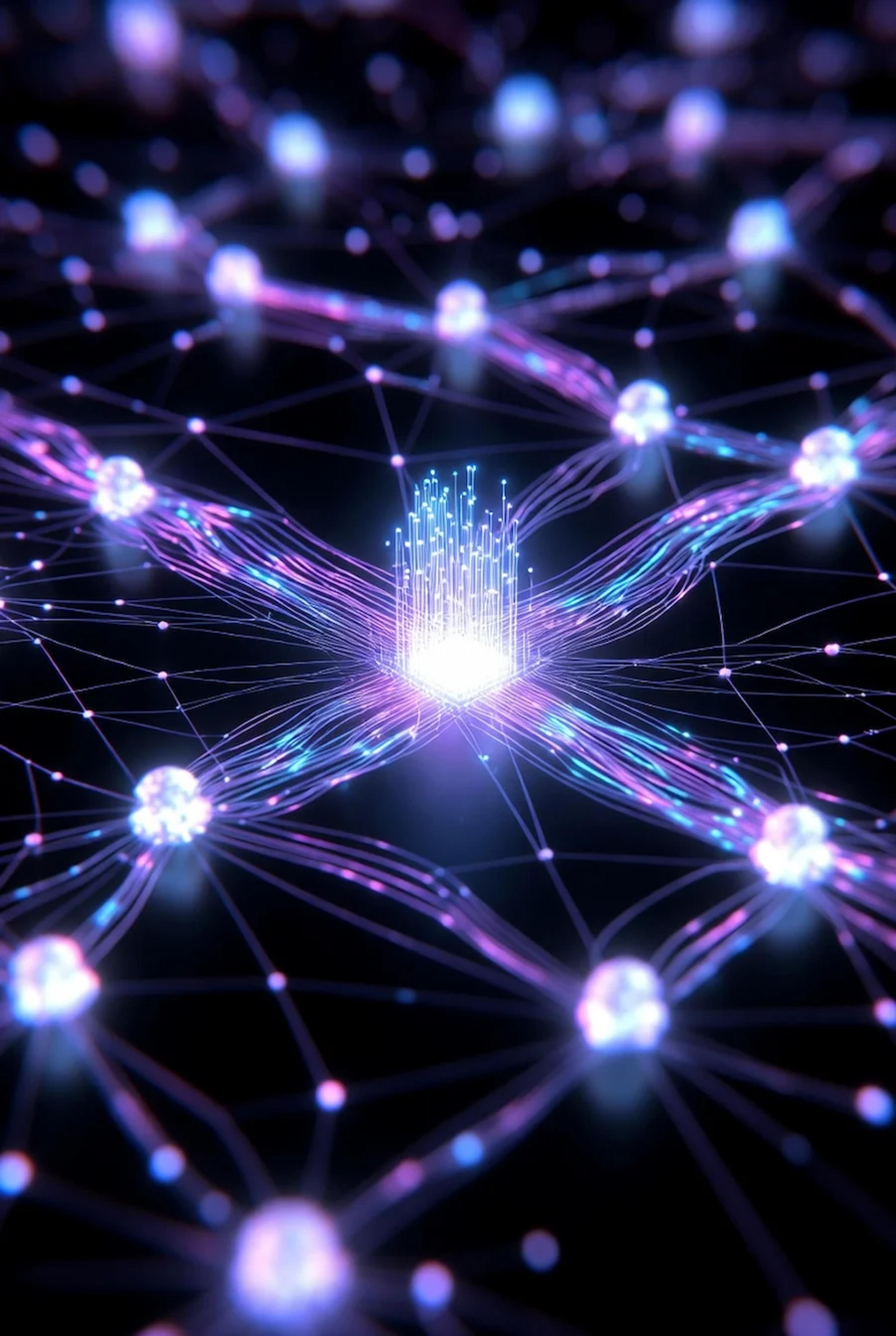 دیاگرام شبکه دیجیتال که در آن ایجنت‌های هوشمند (گوی‌های نورانی) فقط به سایت‌های ساختاریافته متصل می‌شوند و سایت‌های قدیمی را نادیده می‌گیرند.