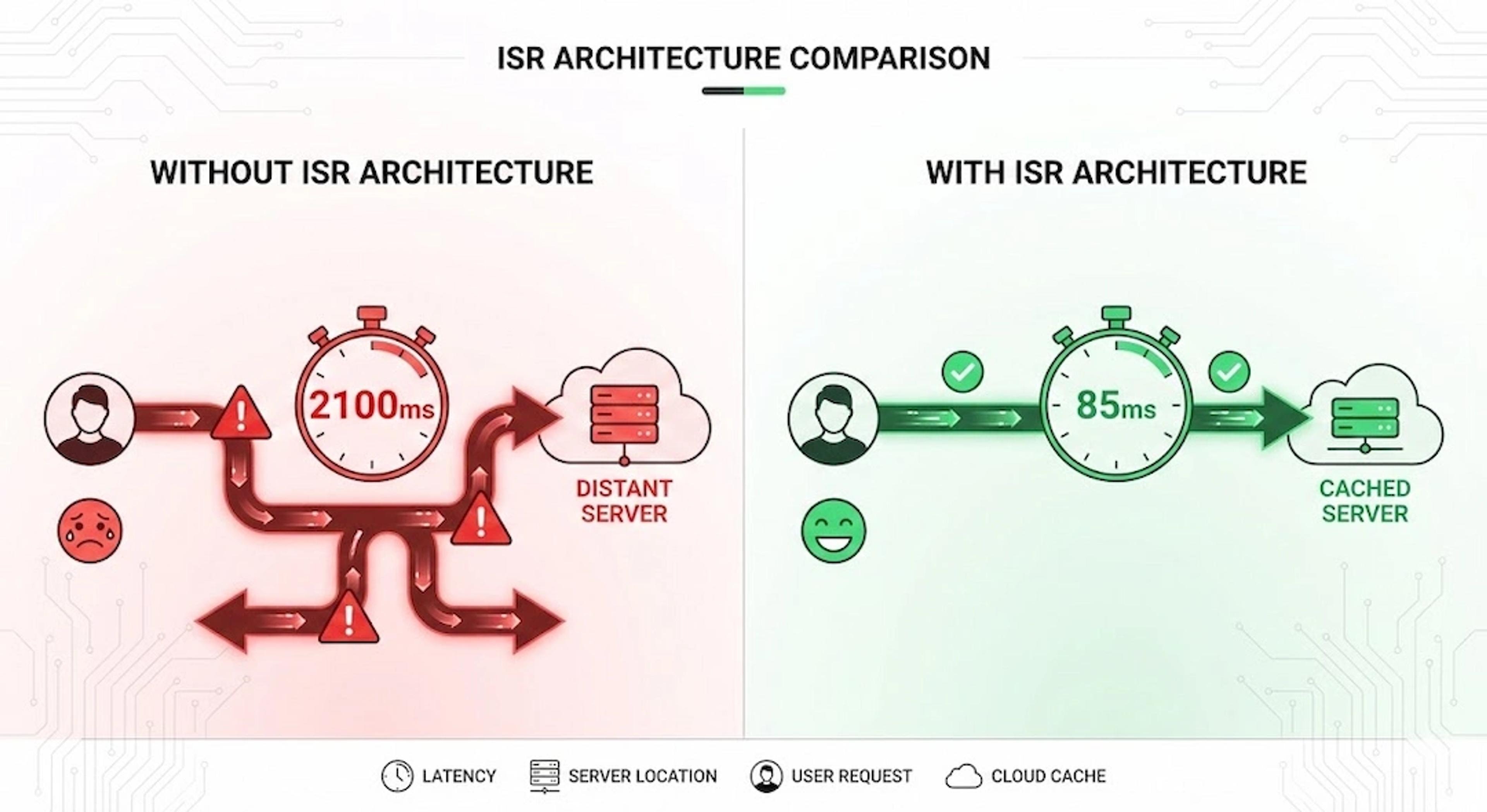 نمودار مقایسه زمان پاسخ سرور (TTFB) قبل و بعد از پیاده‌سازی معماری ISR؛ کاهش از ۲۱۰۰ به ۸۵ میلی‌ثانیه