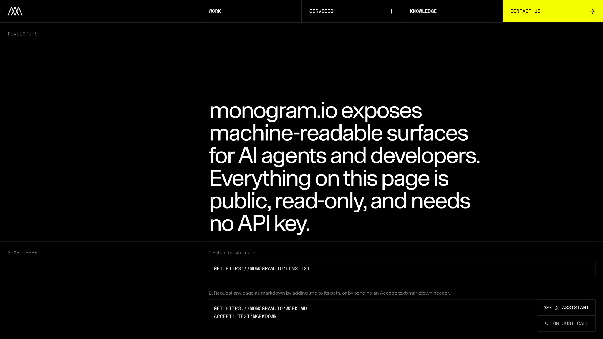 The monogram.io developer portal at /developers
