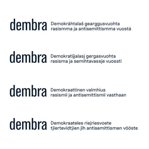 Logoen til Dembra på nordsamisk, lulesamisk, sørsamisk og kvensk. 