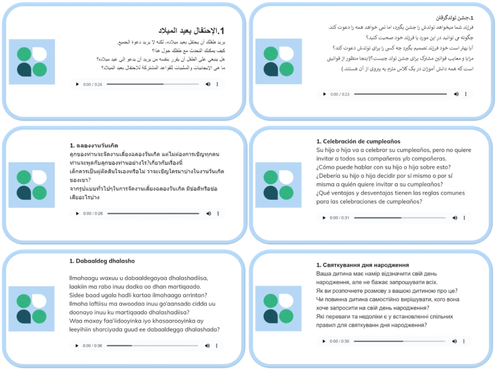 Bilde av dialogkort på ulike språk. 
