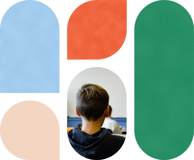Ulike bilder og fargerike former fra Dembras designprofil sammen med bilde av bakhodet av en ung gutt i et klasserom
