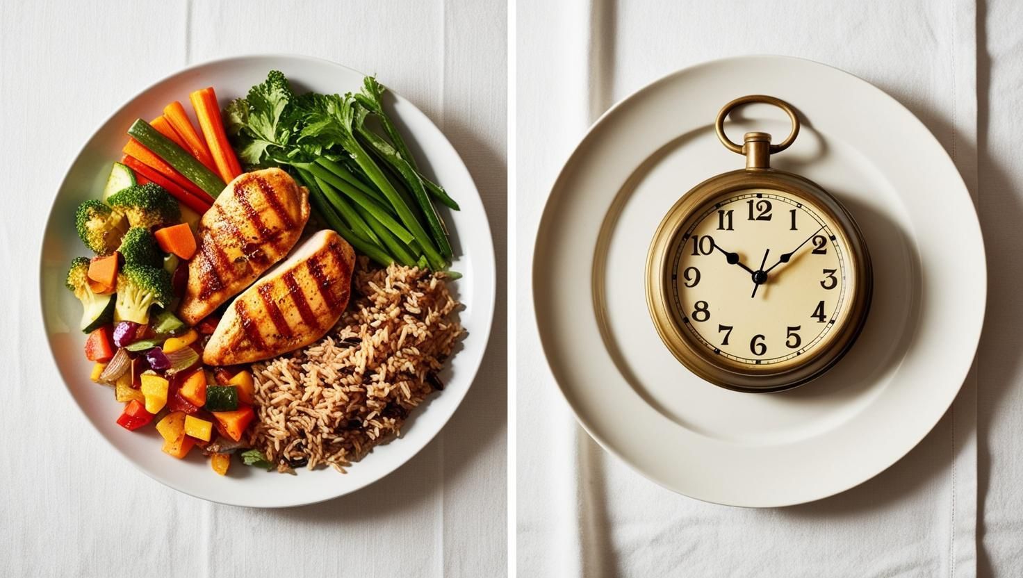 A full plate with balanced meals on one side, and an empty plate with a clock on the other