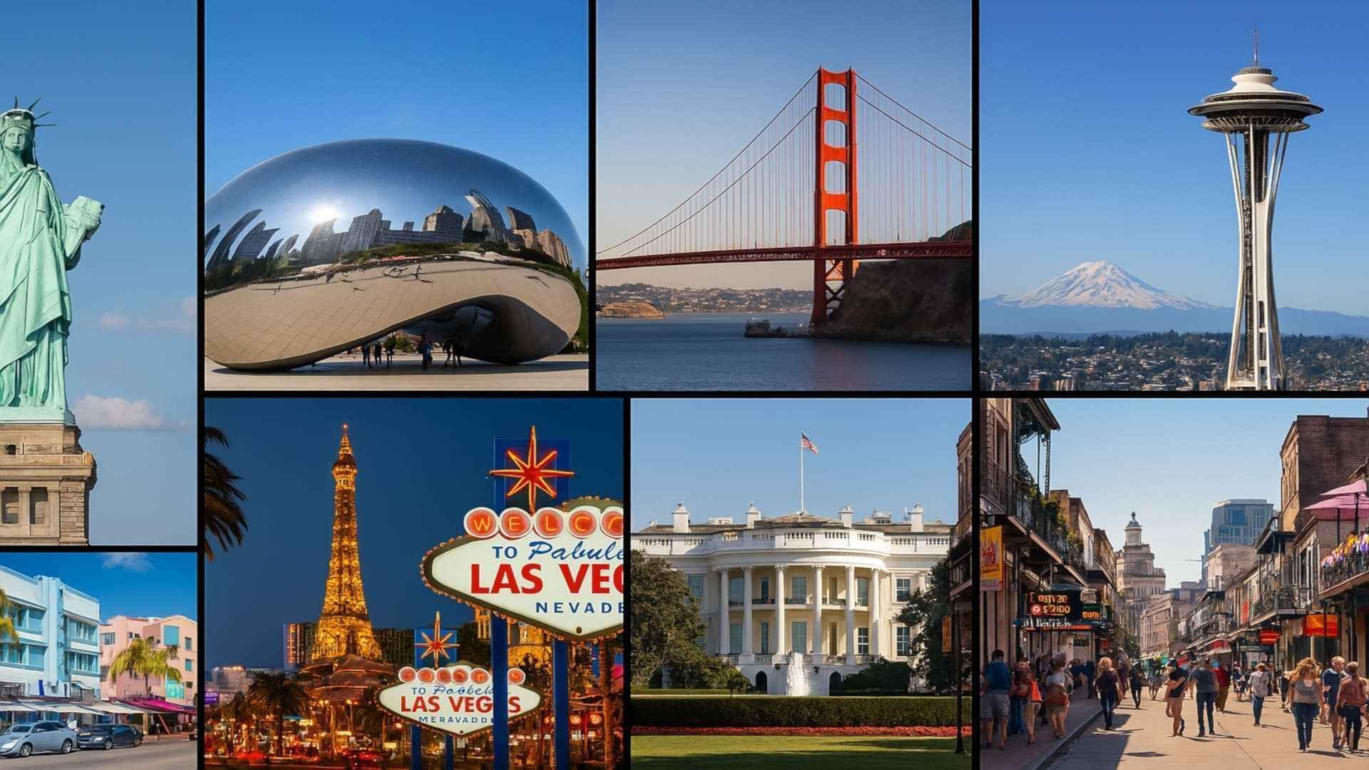 A vibrant collage of iconic landmarks from top U.S. travel destinations, capturing the essence of each city's unique charm.