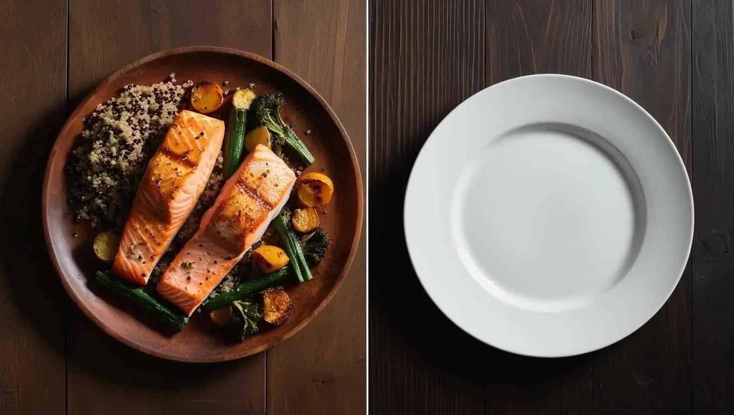 A side-by-side comparison of a plate of grilled salmon with quinoa and vegetables versus an empty plate, highlighting fasting and regular eating.
