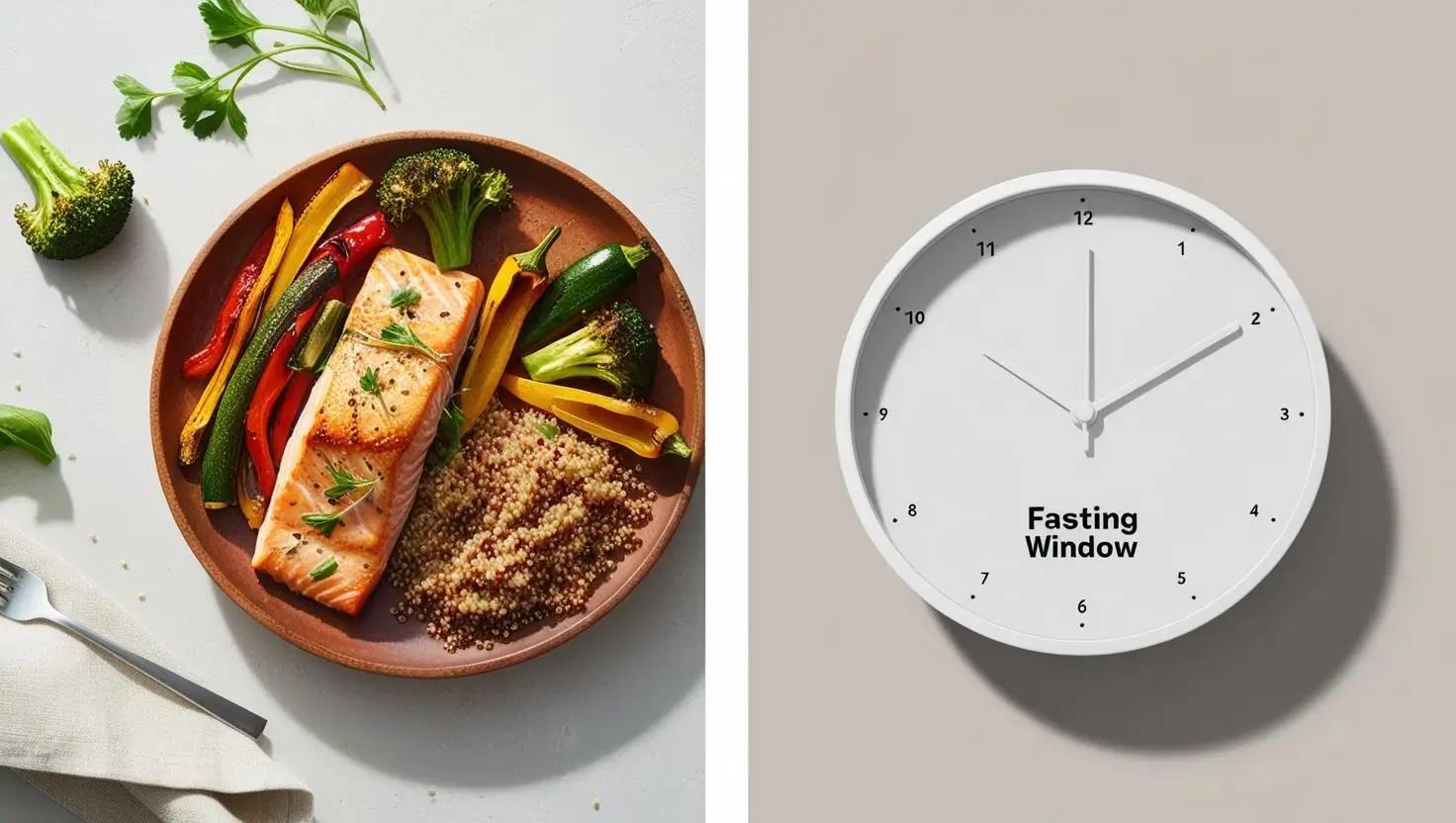 A plate of salmon, quinoa, and assorted vegetables is shown next to a clock indicating a fasting window.