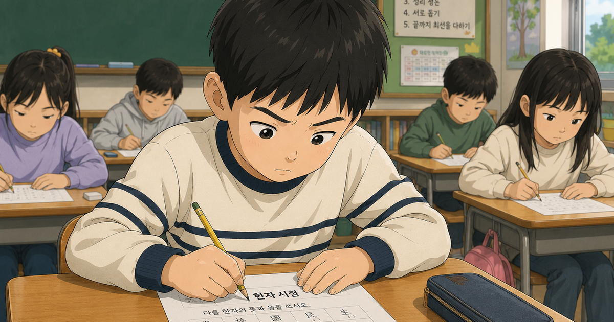 한자시험 보고 있는 초등학생 애니메이션 이미지