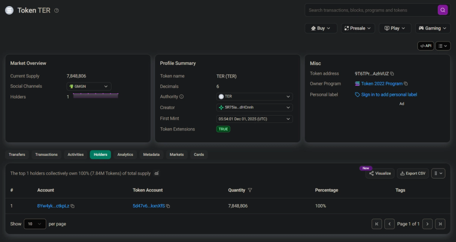 Solscan TER 代幣頁面