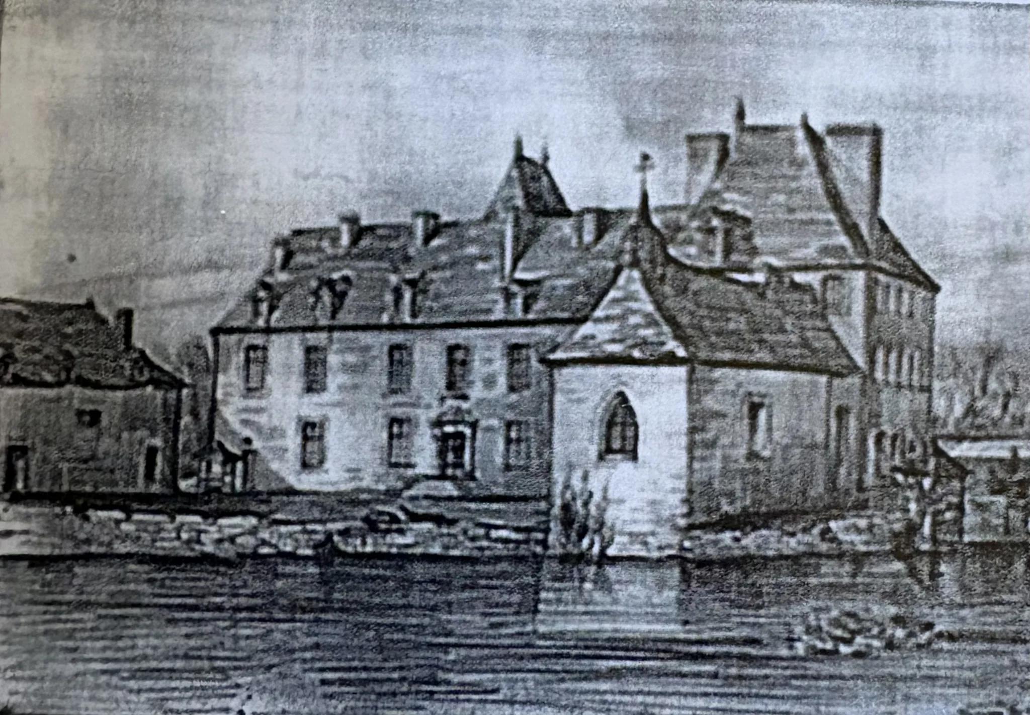 Gravure ancienne du château, vu depuis l'étang