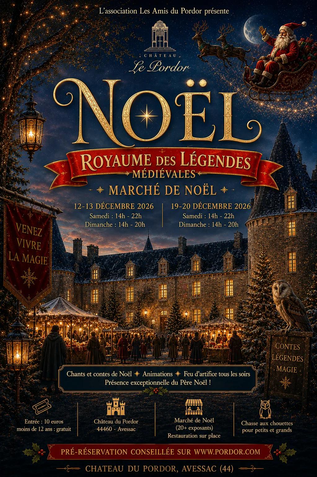 Affiche du marché de Noël 2026 : le Royaume des Légendes Médiévales, les 12-13 et 19-20 décembre au Château du Pordor