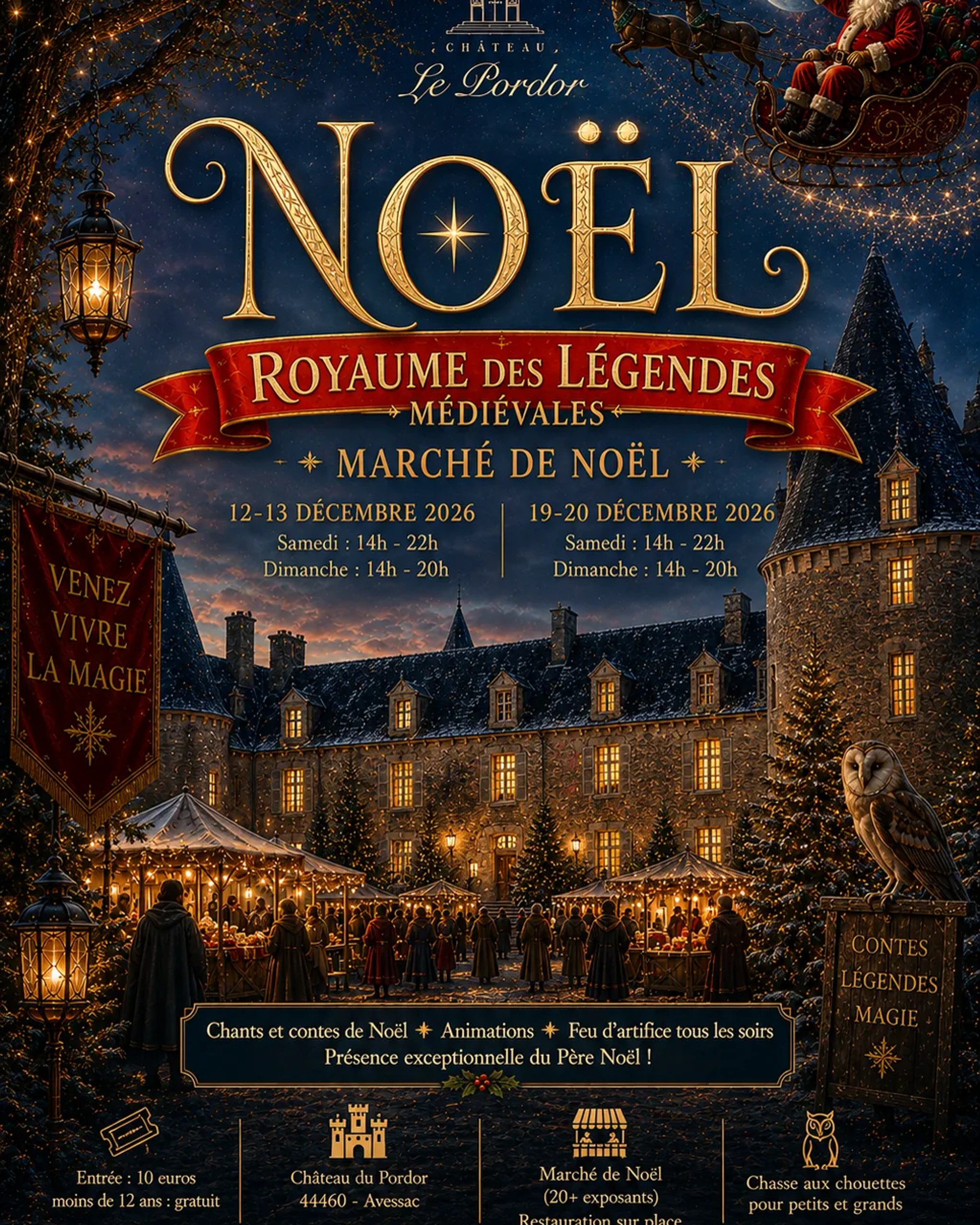 Affiche du marché de Noël 2026 : le Royaume des Légendes Médiévales, les 12-13 et 19-20 décembre au Château du Pordor