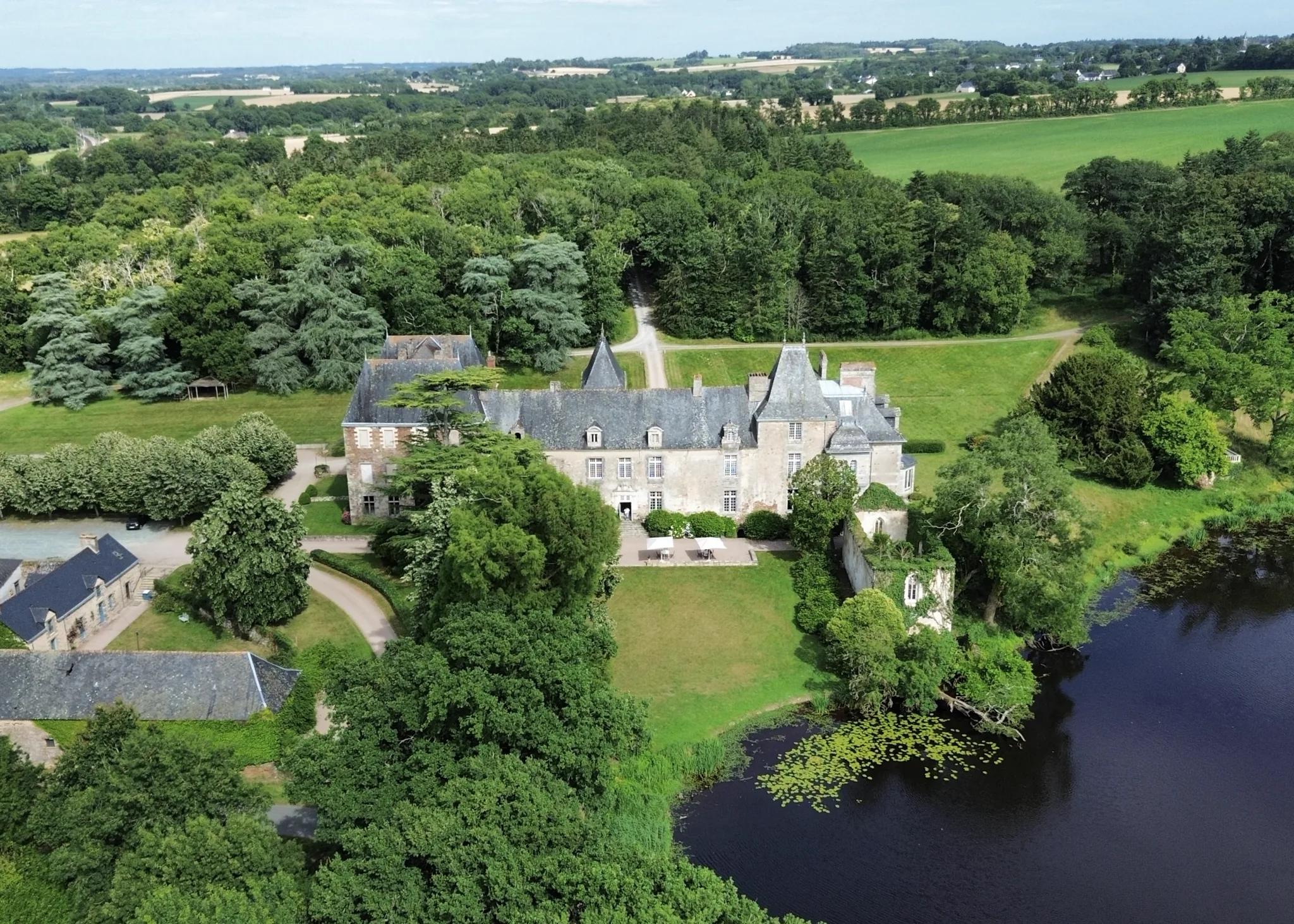 Aerial view of the château from the west, its outbuildings, the terrace and the lake
