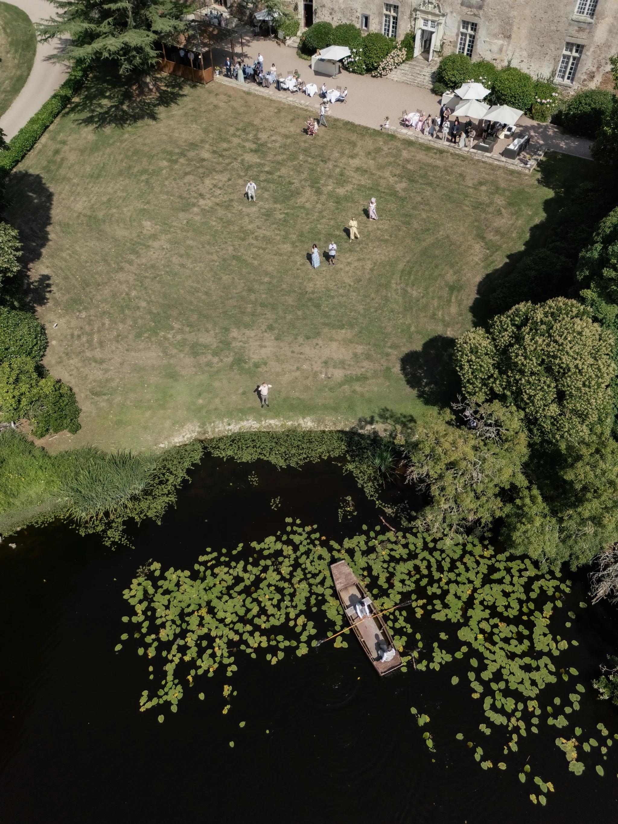 Drone view: the rowing boat, the great lawn and the cocktail terrace
