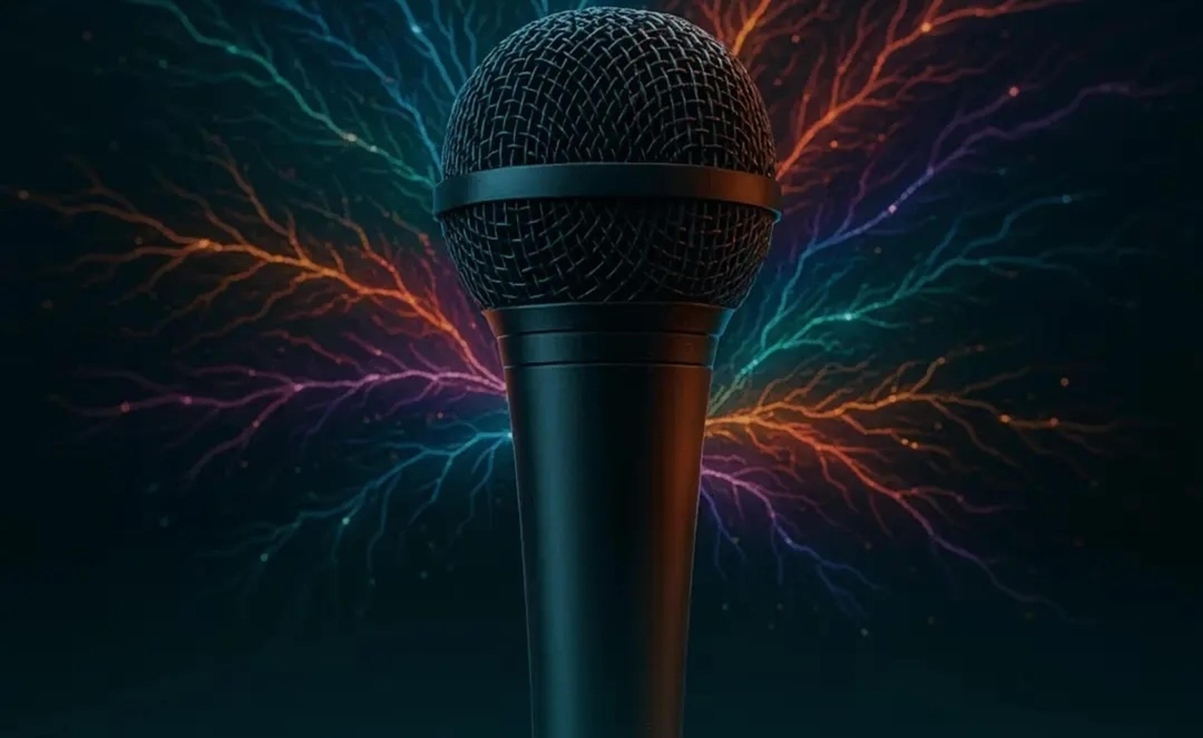 A black microphone stands centered against a dark background with vibrant, multicolored light trails radiating outward, creating an energetic and dynamic effect.